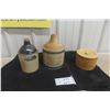 Image 1 : ADV Stoneware Jug And Crock Trough 1 Gallon Jug LA Wine Co Broken Finger Hole And Crock Lid