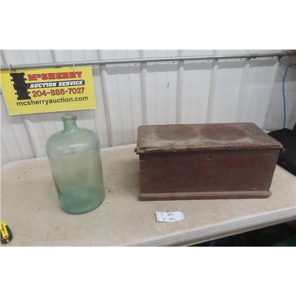 Old Dove Tail Box With Hinged Lid And Glass Bottle 16" Tall 23" x 10" x 10"