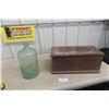 Image 1 : Old Dove Tail Box With Hinged Lid And Glass Bottle 16" Tall 23" x 10" x 10"