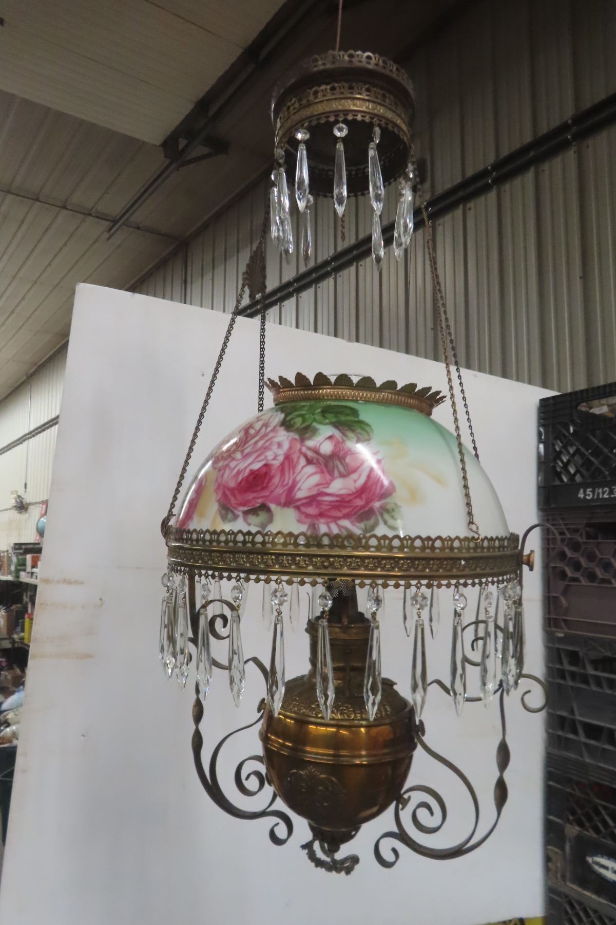 Victorian Hanging Aladdin Brass Lamp With Hand Painted Milk Glass Shade ...