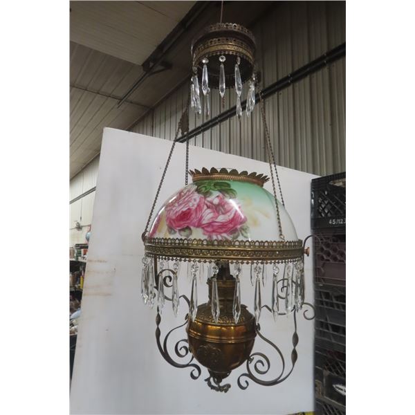 Victorian Hanging Aladdin Brass Lamp With Hand Painted Milk Glass Shade Late 1800s