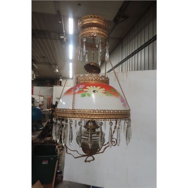 Victorian Hanging Lamp Brass With Hand Painted Shade Stunning Late 1800s