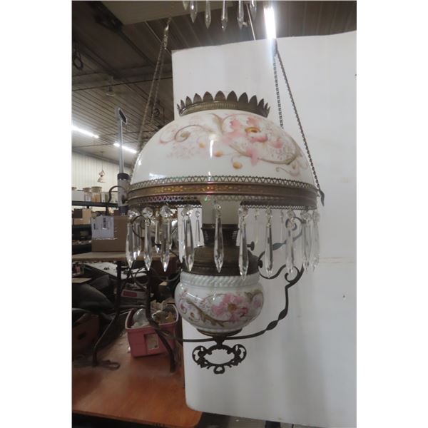 Victorian Hanging Lamp Brass With Milk Glass Hand Painted Shade
