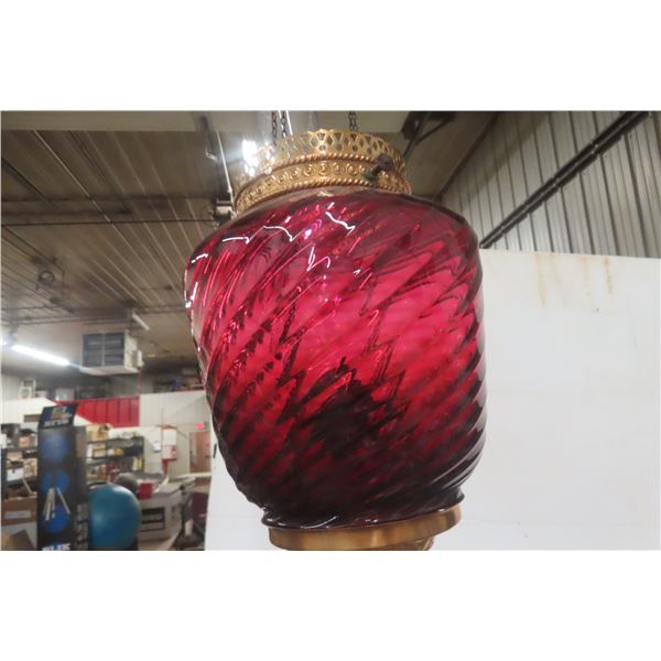 Antique Cranberry Red Swirl Glass Hanging Oil Lamp Victorian Era