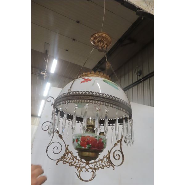 Victorian Hanging Brass Lamp With Hand Painted Milk Glass Shade Late 1800s