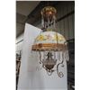 Image 1 : Victorian Hanging Brass Lamp With Hand Painted Milk Glass Shade