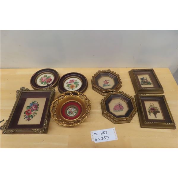 8 Framed Petit Point Pictures Largest 9 1/2" x 8"