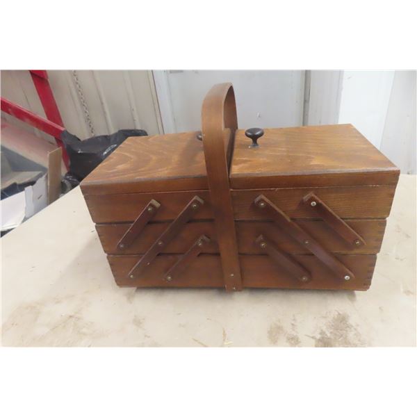 Folding Wooden Sewing Basket With Notions
