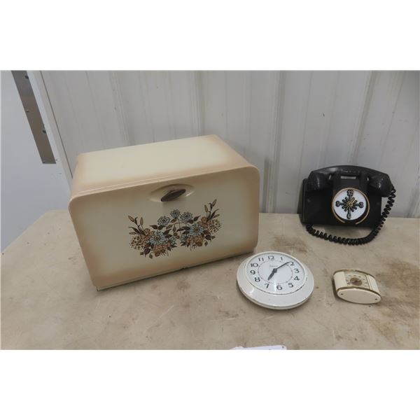 Retro Metal Breadbox, Rotary Telephone, Renown Alarm Clock