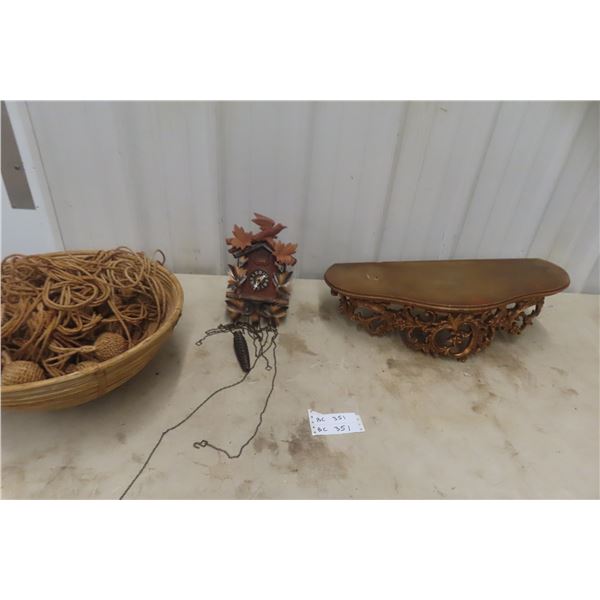 Fancy Wall Mount Shelf 10" x 24", Cuckoo Clock, Basket, and More
