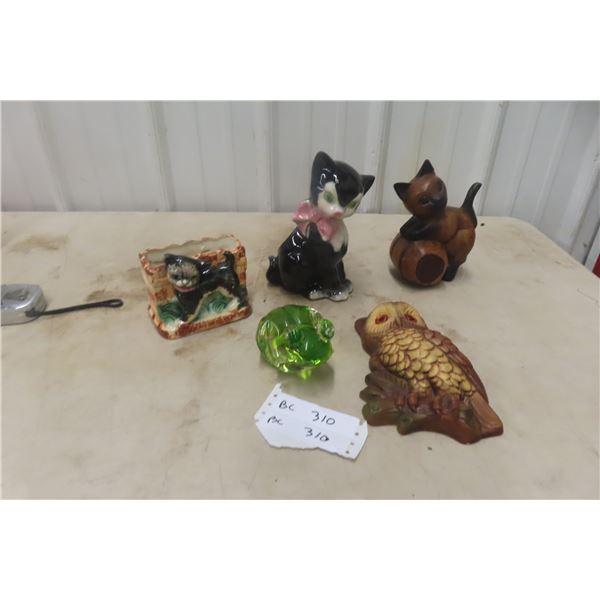 Murano Frog Ornament, Chalkware Owl, Porcelain Cats