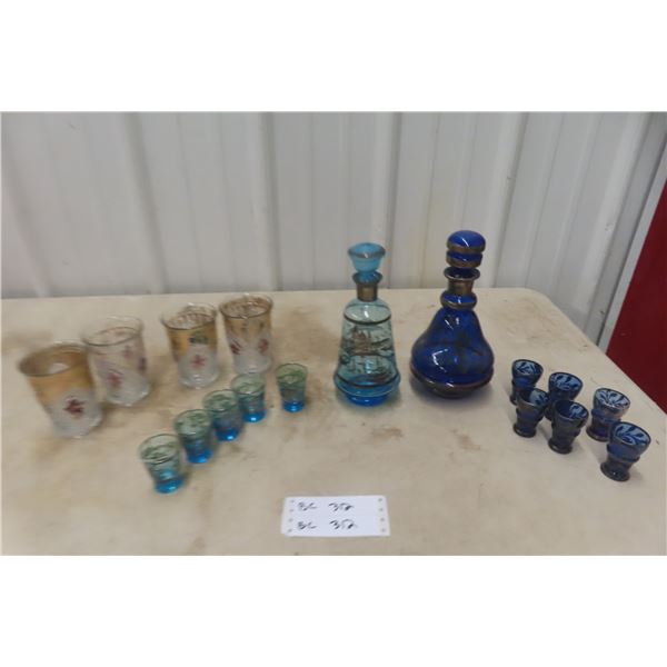 2x Cobalt Decanters With Silver Inlay + Shot Glasses 4