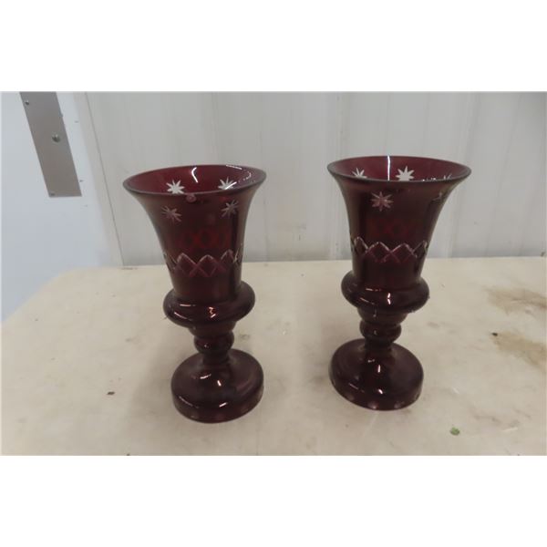 Ruby Red Glass Vases x2 10" Tall