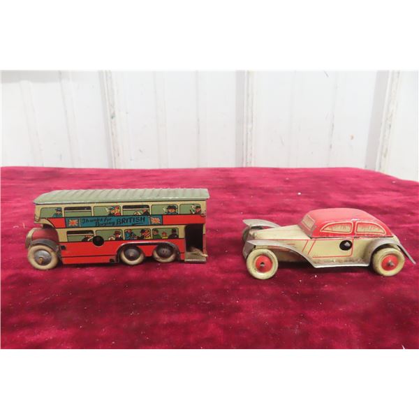 Vintage Wells Brimtoy Tin Plate Double Decker Bus Wind-Up 4" (1920s/30s) + Vintage Tin Plate Huki H