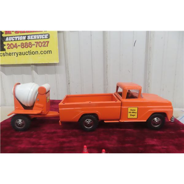 Tonka State Hi-Way Dept Pickup Truck w/ Concrete Mixer Attachment. Pressed Steel. 1950s/60s, 20"