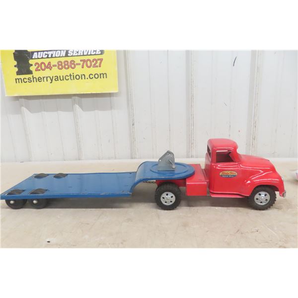 Tonka Semi Truck + Lowboy Trailer, Pressed Steel, 1950s, 26" Long