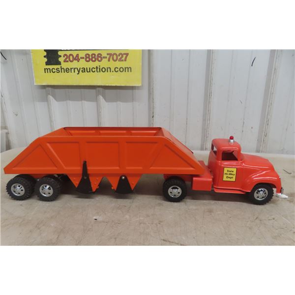 Tonka State Hi-Way Dept Truck + Belly Dump Gravel Trailer, Pressed Steel, 1950s, 26" Long
