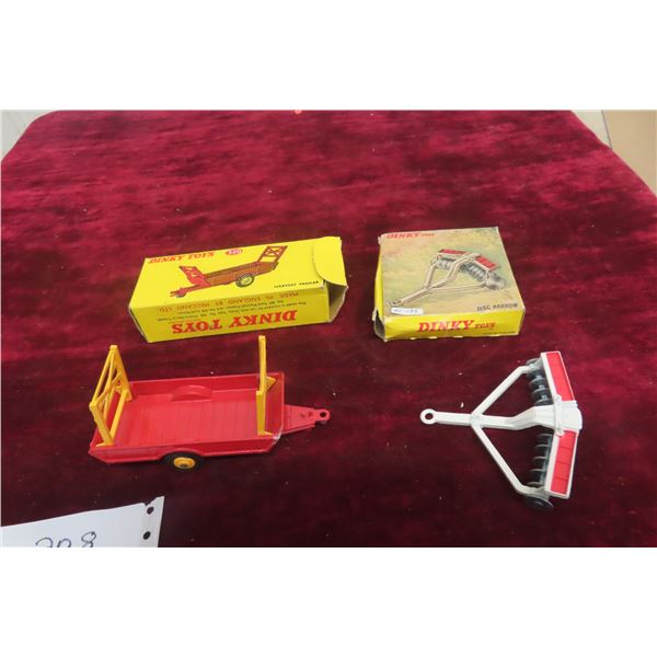 2x Dinky Farm Implements w/ Boxes, Disc Harrow & Harvest Trailer