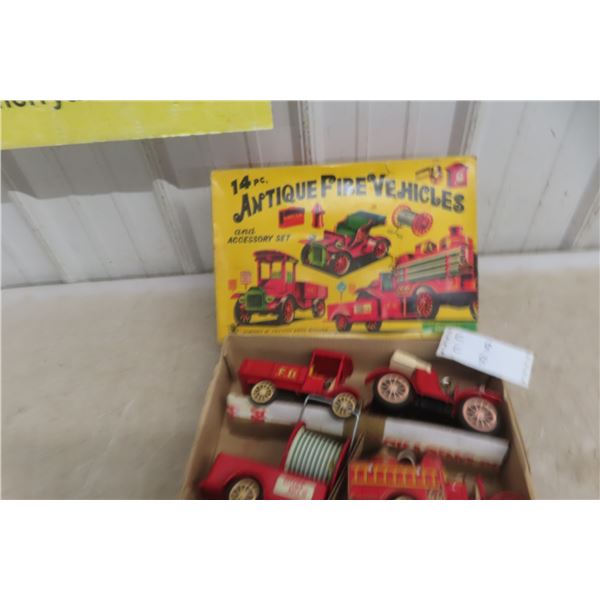 Cragstan 14 Pc Antique Fire Vehicle Friction Drive Metal Tin Truck & Accessories w/ Box 7", Vintage