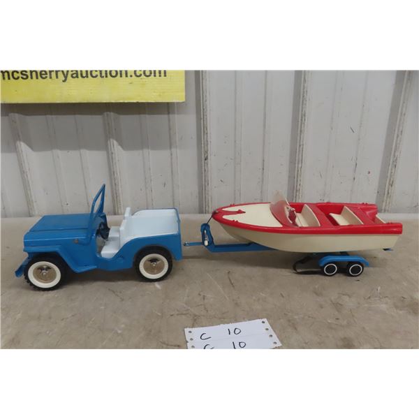 Tonka Jeep Runabout w/ Boat and Trailer, 1960s, Jeep/Trailer Metal, Boat Plastic, 24" Total Length