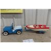 Image 1 : Tonka Jeep Runabout w/ Boat and Trailer, 1960s, Jeep/Trailer Metal, Boat Plastic, 24" Total Length