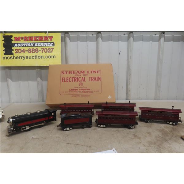 Marx Streamline Steam Type Electric Train Set, Tin Lithograph, In Box, 1940s–1950s Style