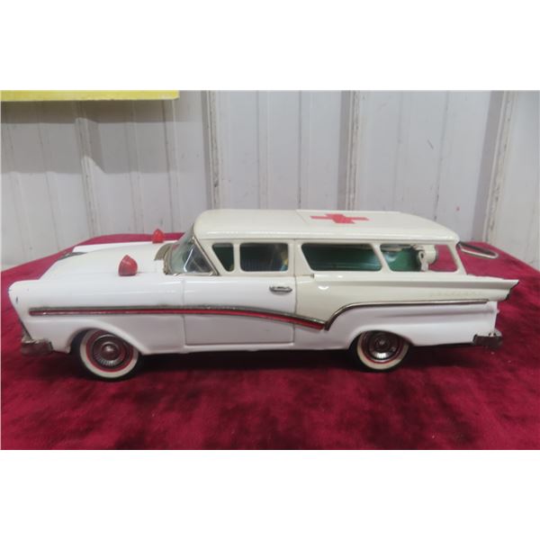 Bandai Tin Friction 57 Ford Fairlane Station Wagon Ambulance, Early 1960s, 12" Long