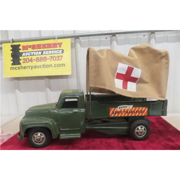Buddy L Army Transport Truck, Pressed Steel, 1940s–1950s, With Canvas, 20" Long