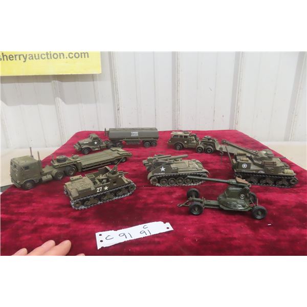 7x Military Mixed Brand Vehicles Including Solido, Tanks, Trucks And Trailer Gun