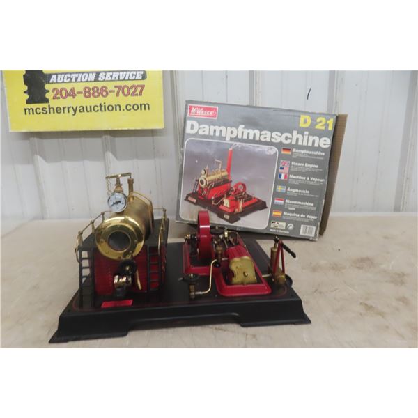 Wilesco D21 Stationary Steam Engine, Brass Boiler With Integrated Water Pump, Pressure Valve, 1960s