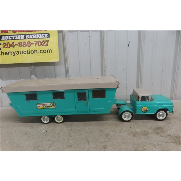 Ny-Lint Truck And Mobile Home 6600, Pressed Steel, 1960s, Mobile Has Removable Top, 29" Long