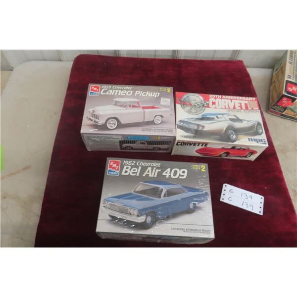 3x Models Factory Sealed 1/25 Scale, 25th Anniversary Corvette, SS Chevy Cameo Pickup, 62 Bel Air