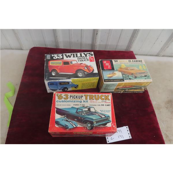 3x Vintage Models 1/25 Scale Including 1963 Pickup Truck, 1933 Willys Panel Truck, 1964 Chevrolet C