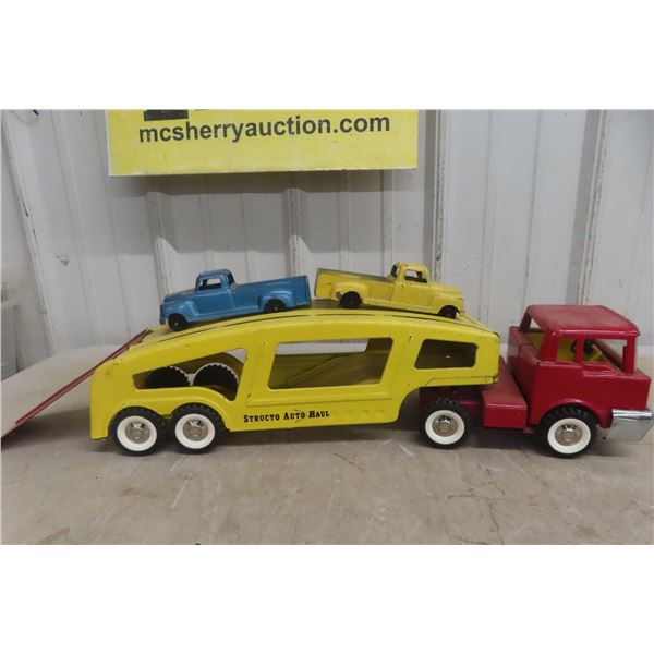 Structo Auto Haul Car Carrier, Pressed Steel, 1950s–1960s, Includes 2 Metal Trucks, 22" Long