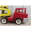 Image 2 : Structo Auto Haul Car Carrier, Pressed Steel, 1950s–1960s, Includes 2 Metal Trucks, 22" Long