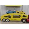 Image 3 : Structo Auto Haul Car Carrier, Pressed Steel, 1950s–1960s, Includes 2 Metal Trucks, 22" Long