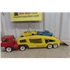 Image 7 : Structo Auto Haul Car Carrier, Pressed Steel, 1950s–1960s, Includes 2 Metal Trucks, 22" Long