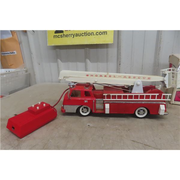 Sears Snorkel Rescue Fire Truck, Battery Powered Wired R/C, 1960s Plastic + Metal Both Truck, 16" L