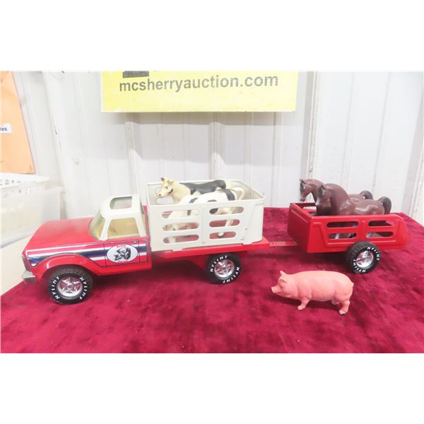 Ny-Lint Farms Red Ford Ranch Pickup Truck With Fence Trailer and Animals, Pressed Steel, 1980s, 20"