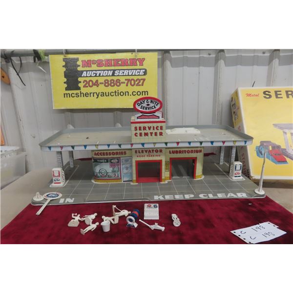 Marx Metal Service Station, 1950s, With Box and Accessories (Car Wash, Elevator, Roof Top Parking)