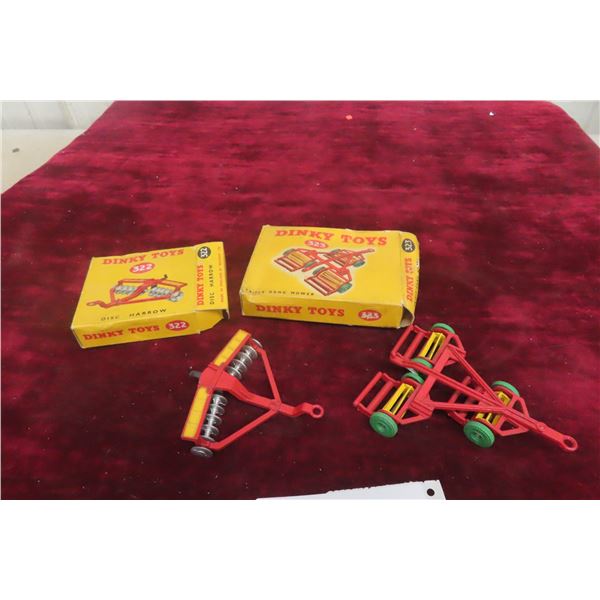 2x Dinky Toys No. 323 and No. 322 Triple Gang Mower and Disc Harrow, Both With Boxes