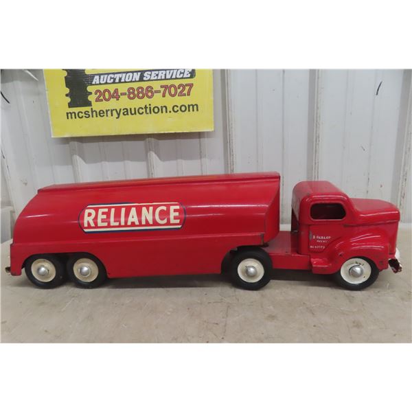 Otaco Minnitoy Pressed Steel Reliance Tanker Semi Truck and Trailer, 1940s–1950s, 28" Long