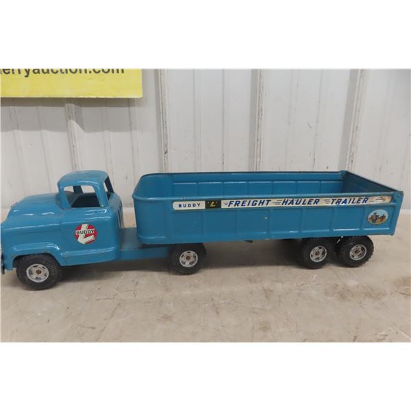 Buddy L GMC Freight Hauler Semi Truck and Trailer, Pressed Steel, 1950s, 23" Long