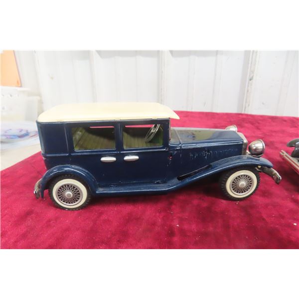 2x Tin Friction Japanese Limousine & Bandai Ford Roadster, 6 1/2" and 7 1/2"