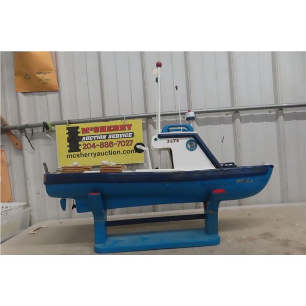 Hand Crafted Wooden Fishing Boat 33" Long, 28" Height on Stand