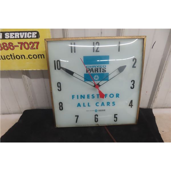 Chry Co Parts Clock - Working Clock 15" x 15", 1960s, Neon Ray Clock Co