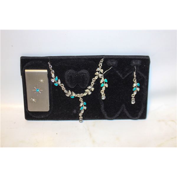 SILVER TONE JEWELRY SET WITH BLUE ACCENTS
