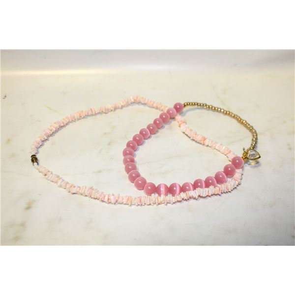 PINK PUKA AND PINK CAT EYE BEAD NECKLACES