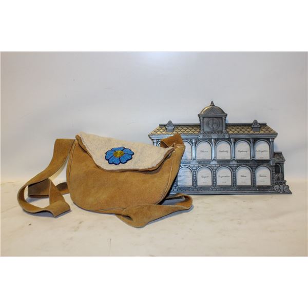 INDIGENOUS BEADED LEATHER PURSE+METAL PHOTO FRAME