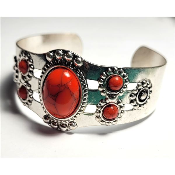 23)  SILVER TONE WITH RED TURQUOISE